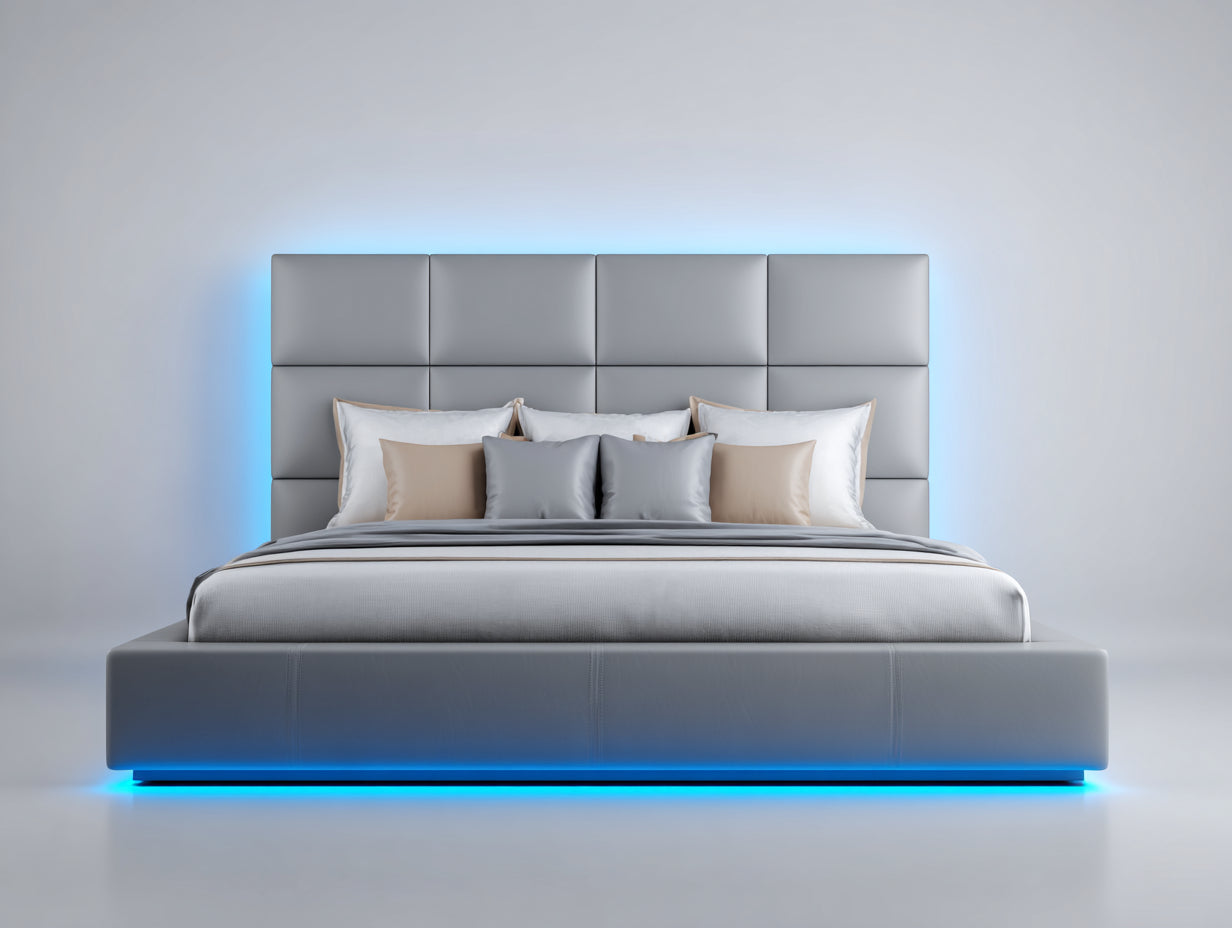 Lit double - Similicuir - 218 x 184 x 120 cm - Gris - Style contemporain avec éclairage LED