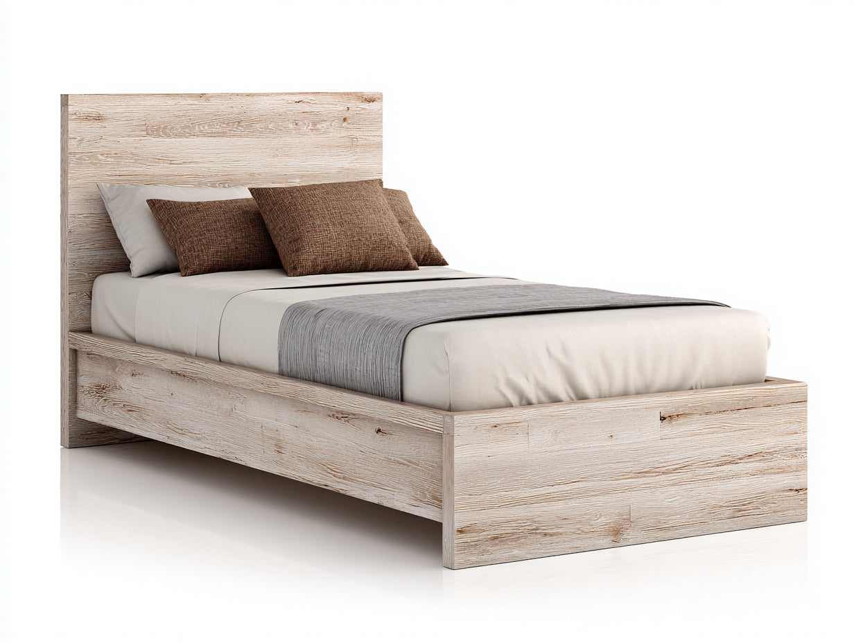 Lit simple - Bois d'ingénierie - 205 x 95 x 105 cm - Blanc vieilli - Style rustique moderne