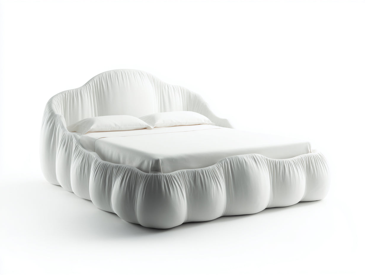 Lit double - Tissu - 230 x 190 x 118 cm - Blanc - Style moderne avec tête de lit incurvée