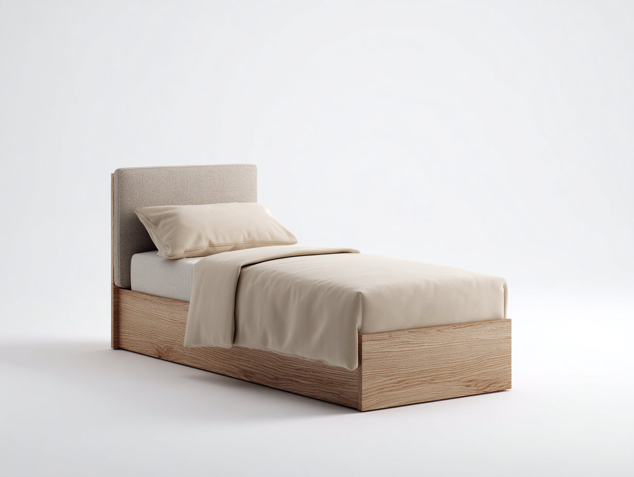 Lit simple-Panneau dérivé du bois-Tissu-205x98x95 cm-Bois clair-Beige-Style moderne naturel