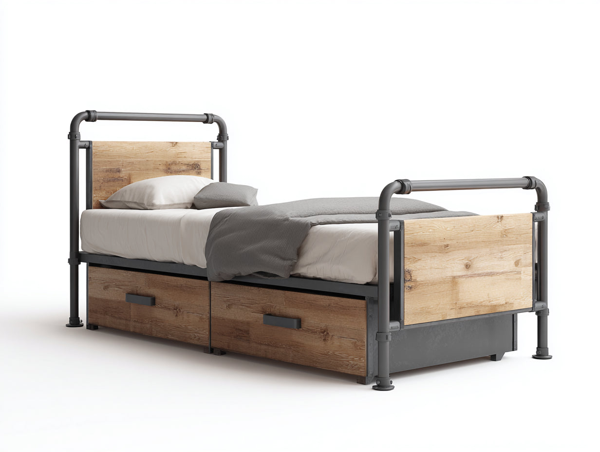 Lit simple-Métal-Panneau dérivé du bois-210x100x120 cm-Noir-Bois naturel-Style industriel avec rangement