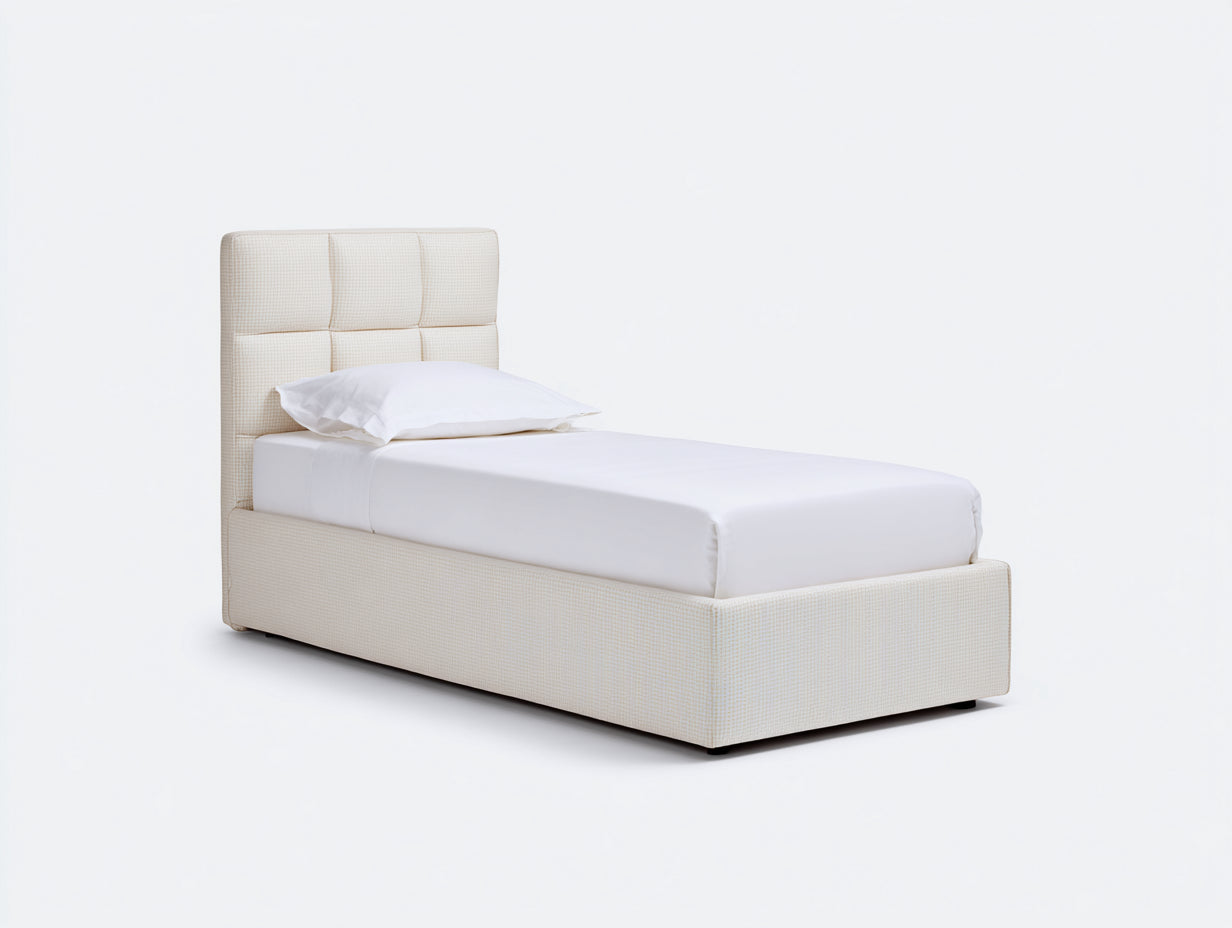 Lit simple-Tissu-Métal-205x98x110 cm-Ivoire-Style moderne rembourré