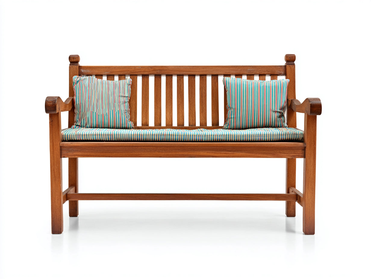 Banc de jardin - Bois-Tissu - 152 x 64 x 90 cm - Brun-Turquoise-Écru-Orange - Style décontracté rayé