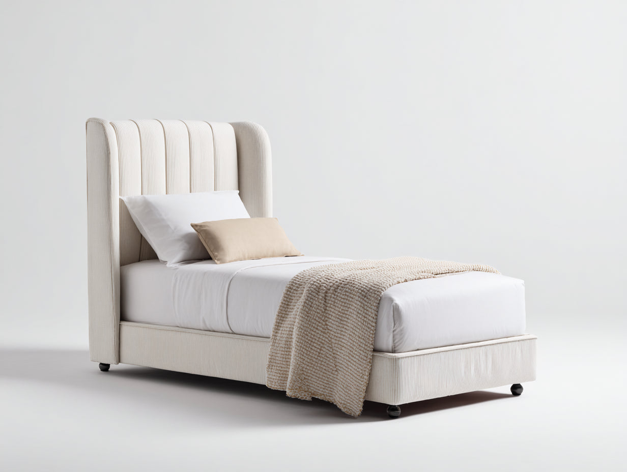 Lit simple-Tissu-Métal-205x98x120 cm-Beige-Style moderne rembourré
