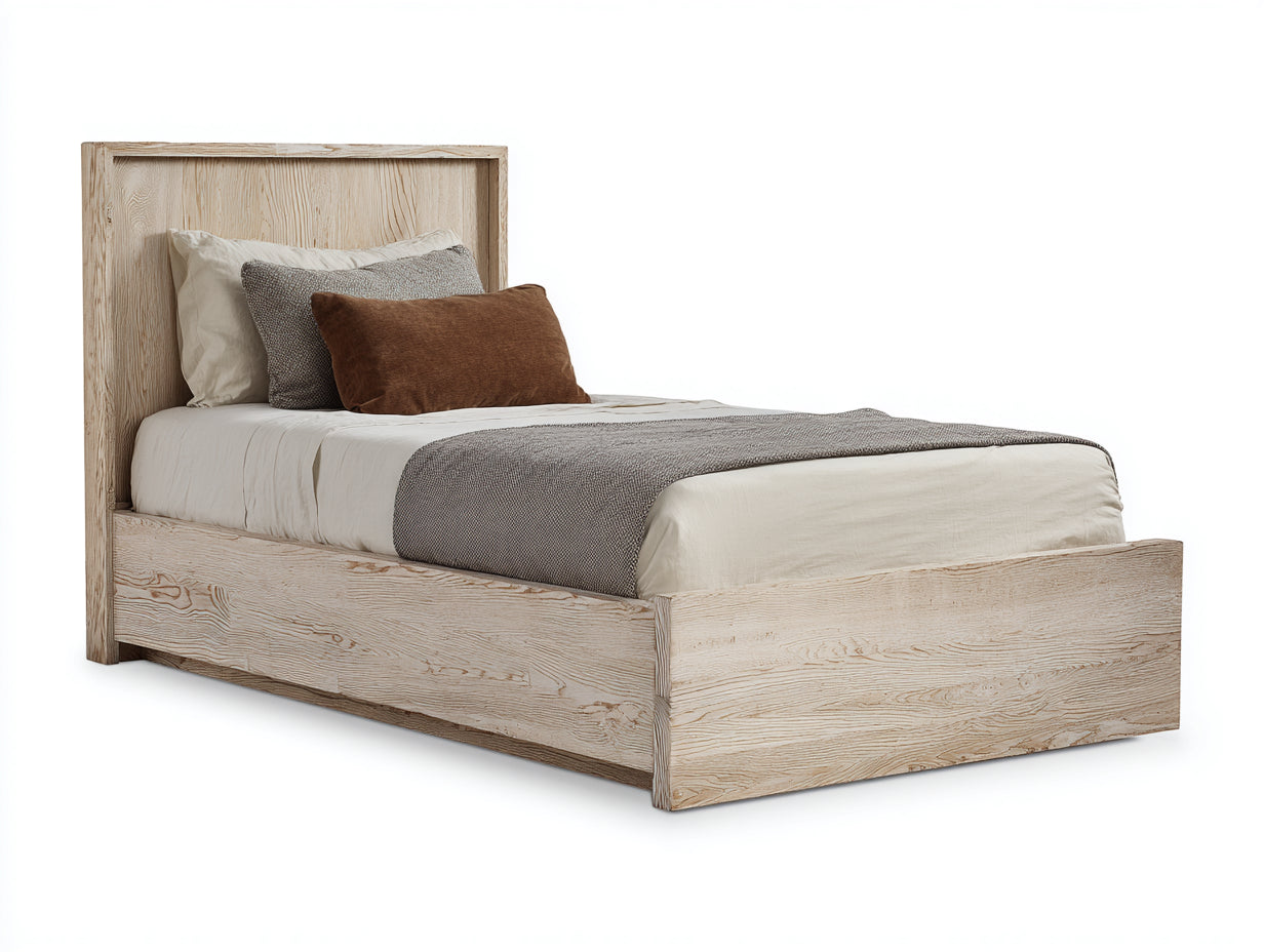 Lit simple - Bois d'ingénierie - 205 x 99 x 112 cm - Chêne blanchi - Style rustique contemporain