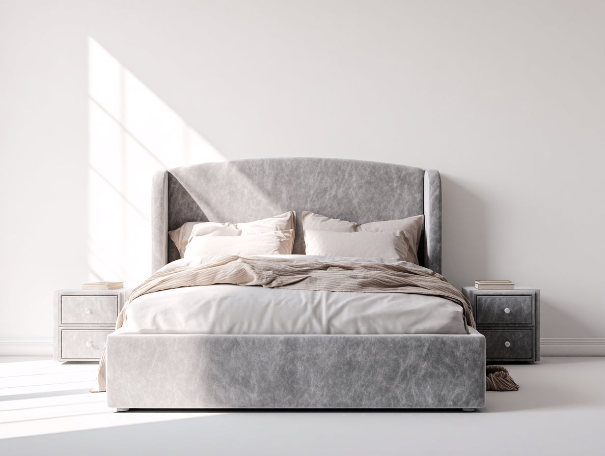 Lit double - Velours - Bois - 228 x 194 x 126 cm - Gris - Style moderne avec tête de lit rembourrée